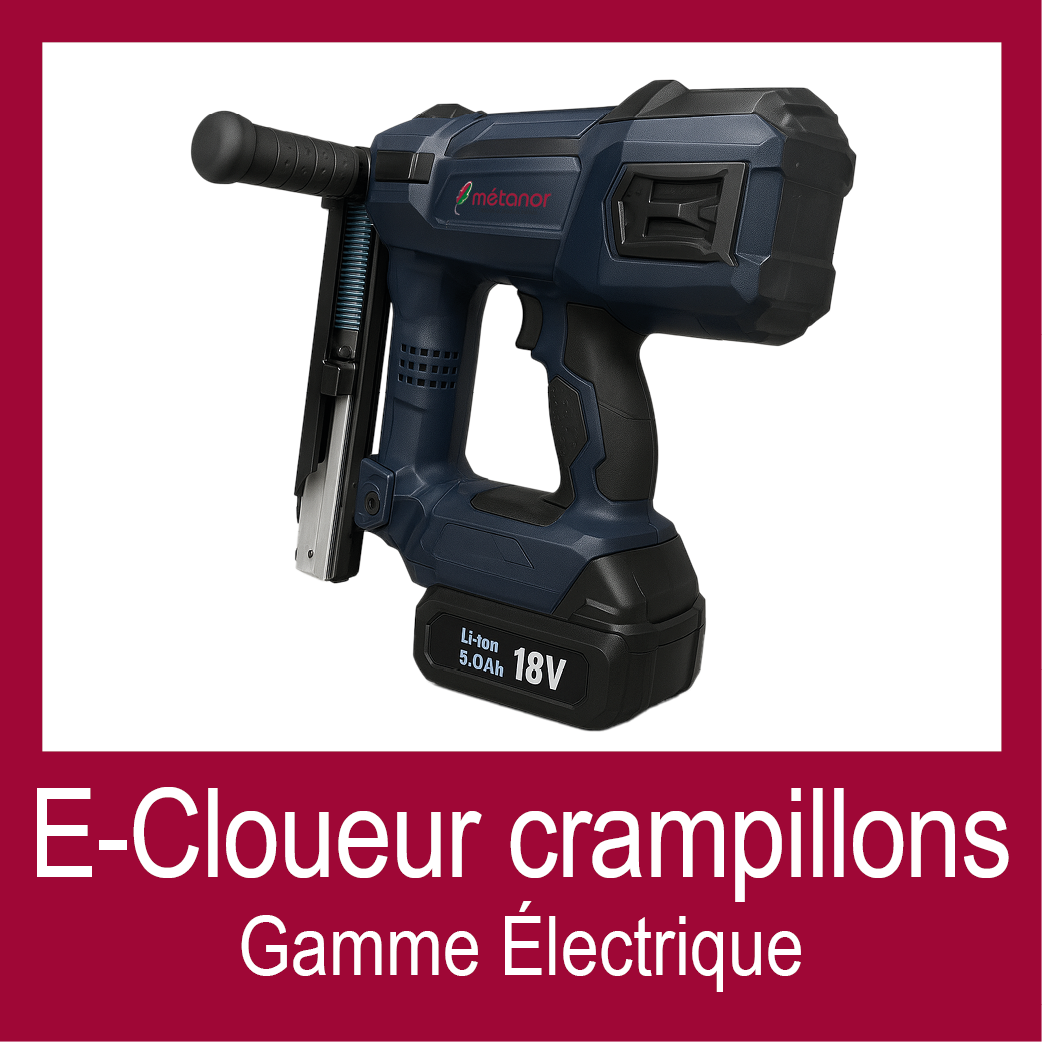 Tuile E-cloueur crampillons Lien bouton pour accéder à la fiche technique du E-cloueur, le cloueur à crampillons 100% électrique de Métanor