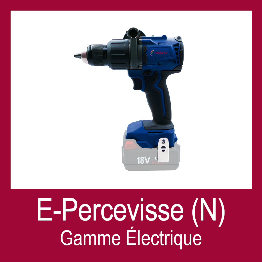 Tuile E-percevisse Picto bouton pour accéder à la Fiche Technique de la E-Perceuse visseuse Métanor